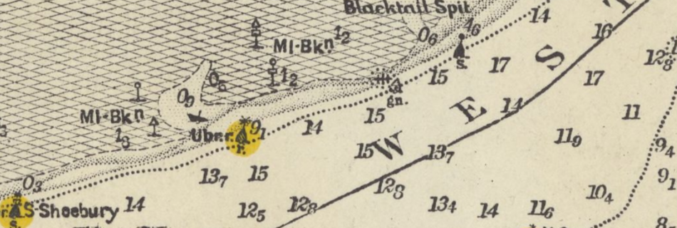 The Warp extracted from 1907 updated 1945 Kreigsmarine  -  Dungeness bis Orfordness und Strasse von Dover Published: 1945 obviously copied from the Admiralty Chart of the time. Thanks to: National Library of Scotland.