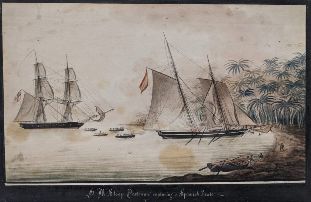 “H.M. Sloop Parthian Capturing a Spanish Pirate.” Watercolor by Nicolas Cammillieri of Malta, circa 1825-1830. (Accession# 1951.763.01/QW750)