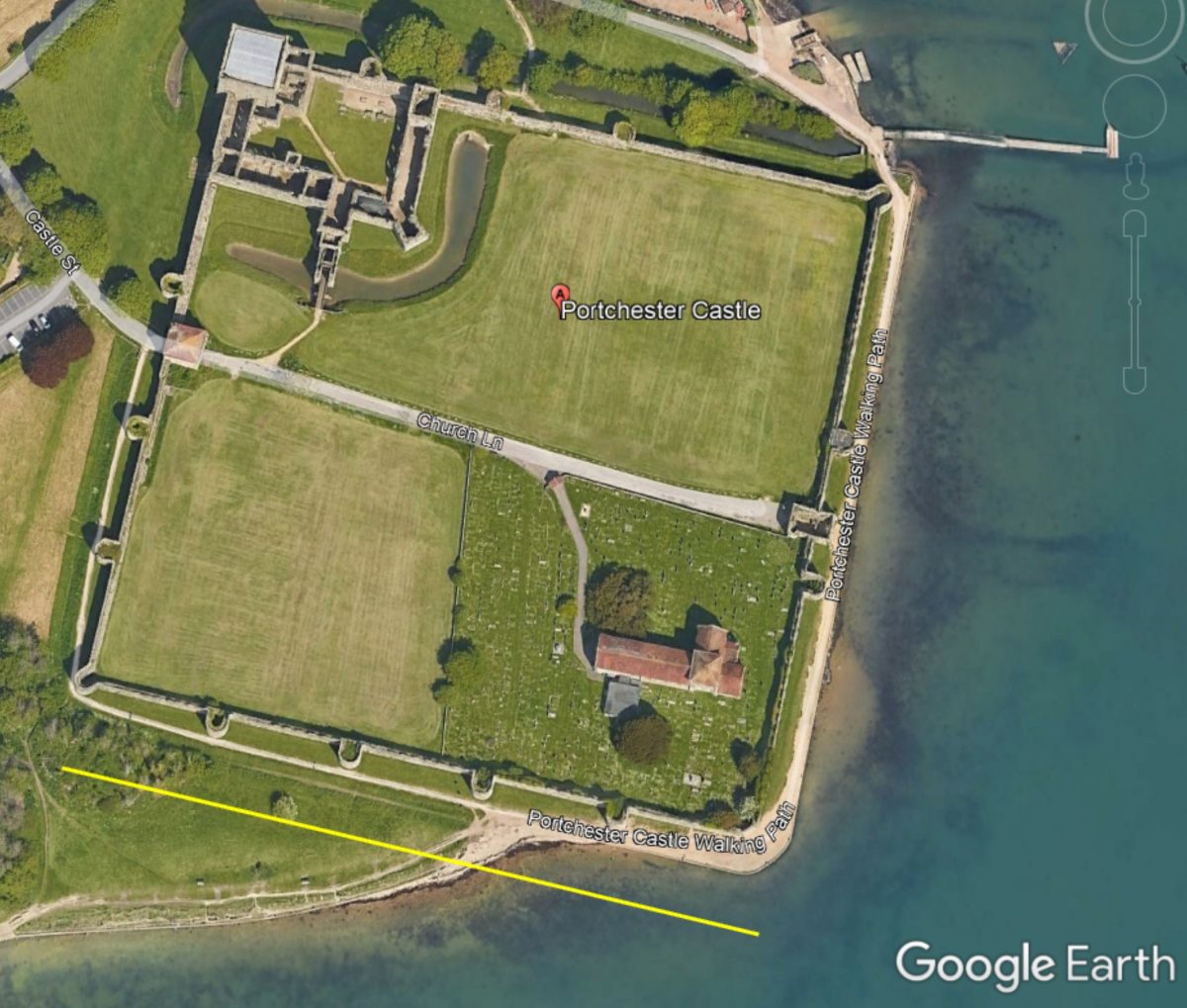 Porchester Castle 2020 from Google Earth. Yellow line is 200m. Area is  9 acres, 3.7 hectares