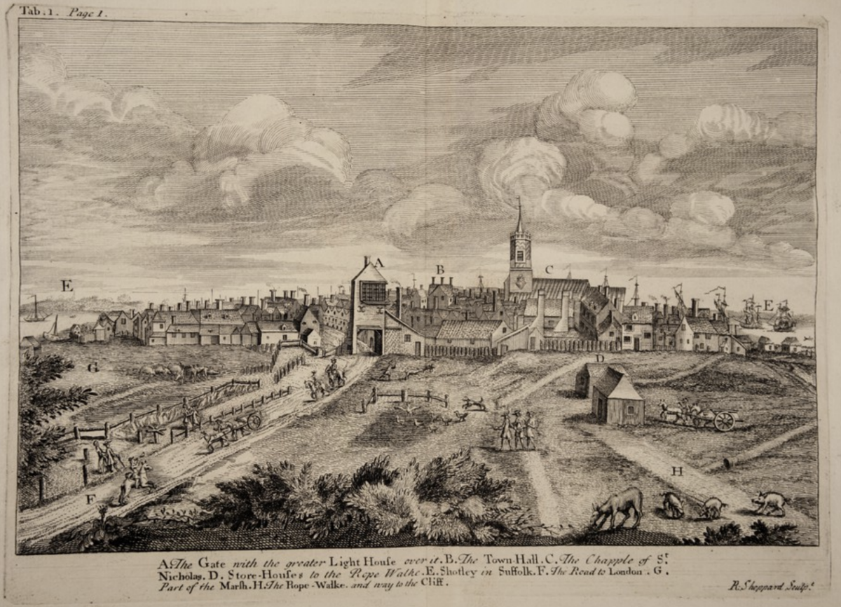 17C Harwich from Taylor, Silas. The History and Antiquities of Harwich and Dovercourt, Topographical, Dynastical and Political. London : Printed for C. Davis, and T. Green, 1730. 
