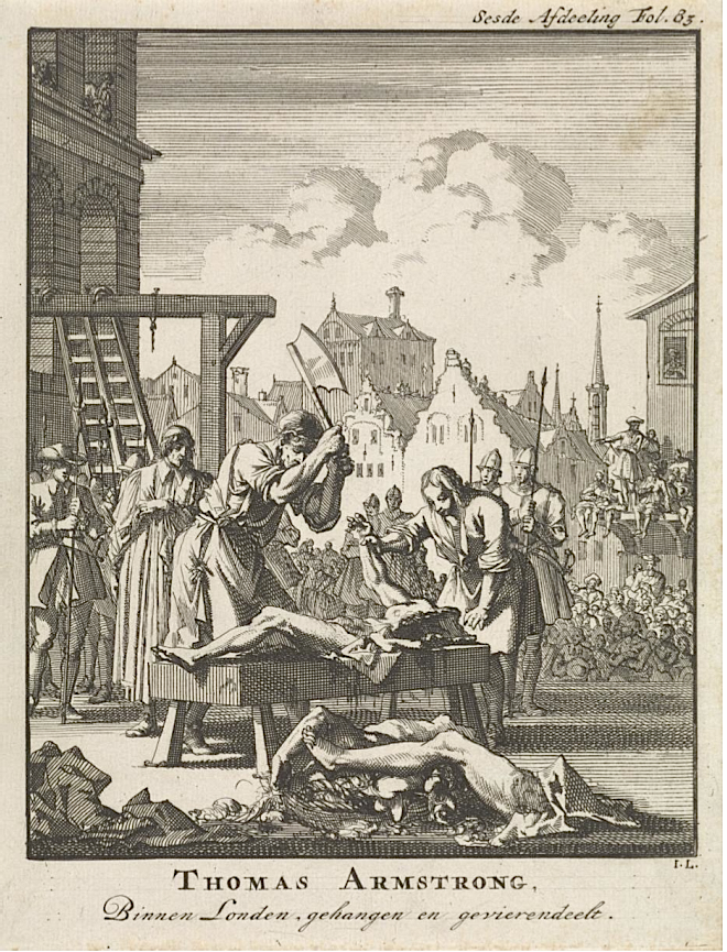 Execution of Thomas Armstrong (Tyburn, on 20 June 1684) 
Jan Luyken, Public domain, via Wikimedia Commons