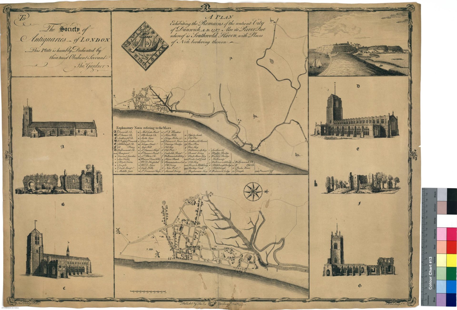 A Plan Exhibiting the Remains of the antient City of Dunwich, A.D. 1587 : Also its River Part whereof is Southwold Haven, with Places of Note Bordering thereon [Mapa] by Kirby, Joshua - 1753 - Virtual Library of Bibliographical Heritage, Spain - CC BY.
