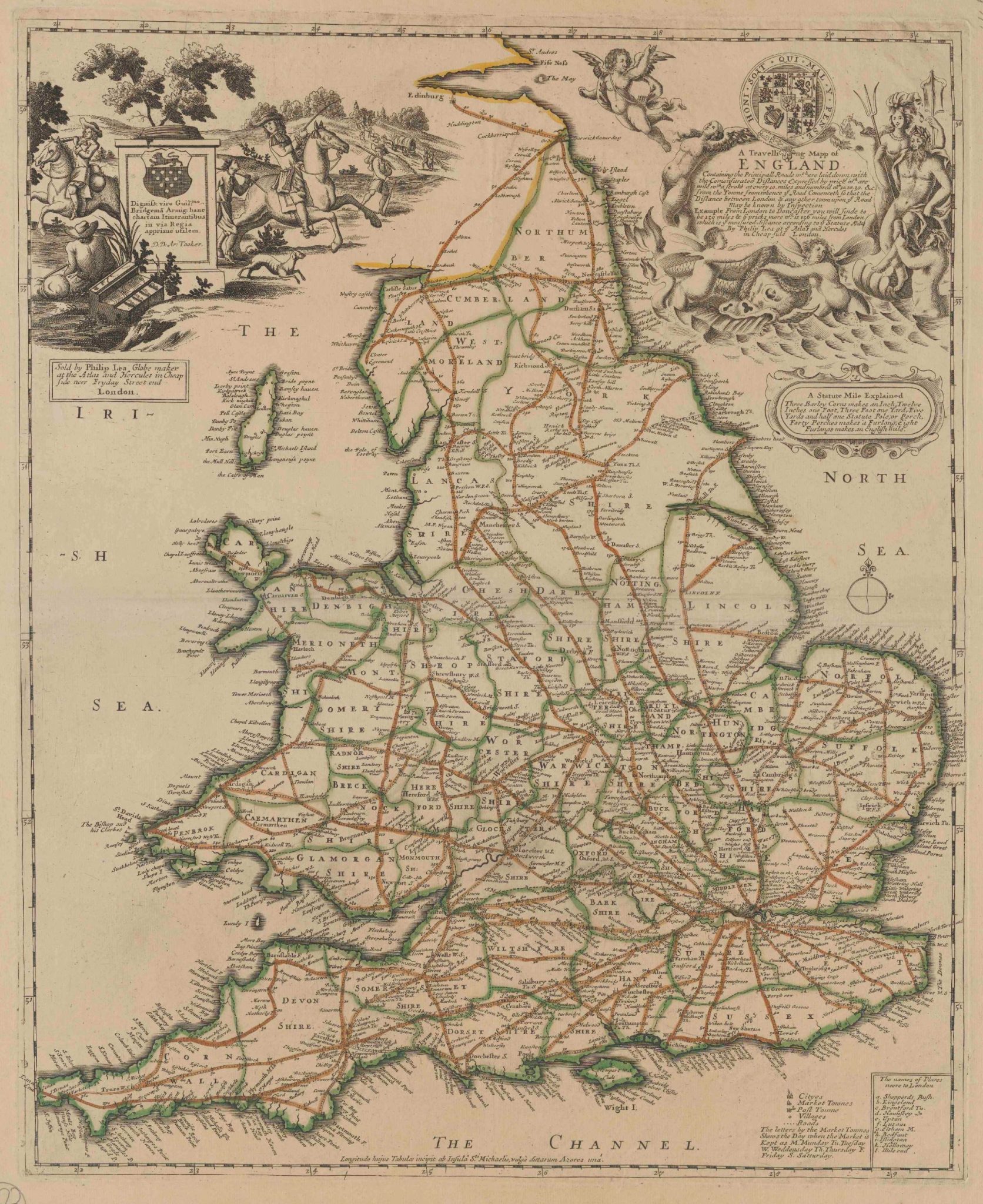 A new map containing all the citties, market townes, rivers, bridges, & other considerable places in England & Wales, wherein are delineated ye roads from towne to towne, & ye number of reputed miles between them, are given by inspection without scale or compas ...