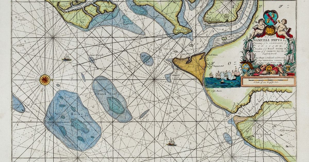 1693 Chart HARWICH, WOODBRIDG AND HANDFORDWATER, WITH THE SANDS FROM THE NAZELAND AND TO HOSELY BAY. Greenville Collins (*1643 - †1694) Courtesy www.vintage-maps.com