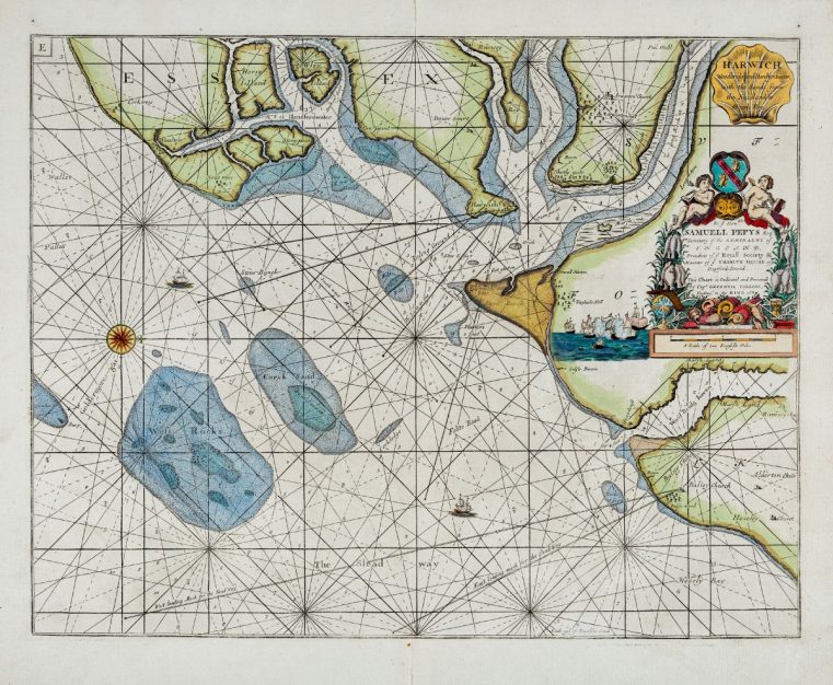 1693 Chart HARWICH, WOODBRIDG AND HANDFORDWATER, WITH THE SANDS FROM THE NAZELAND AND TO HOSELY BAY. Greenville Collins (*1643 - †1694) Courtesy www.vintage-maps.com