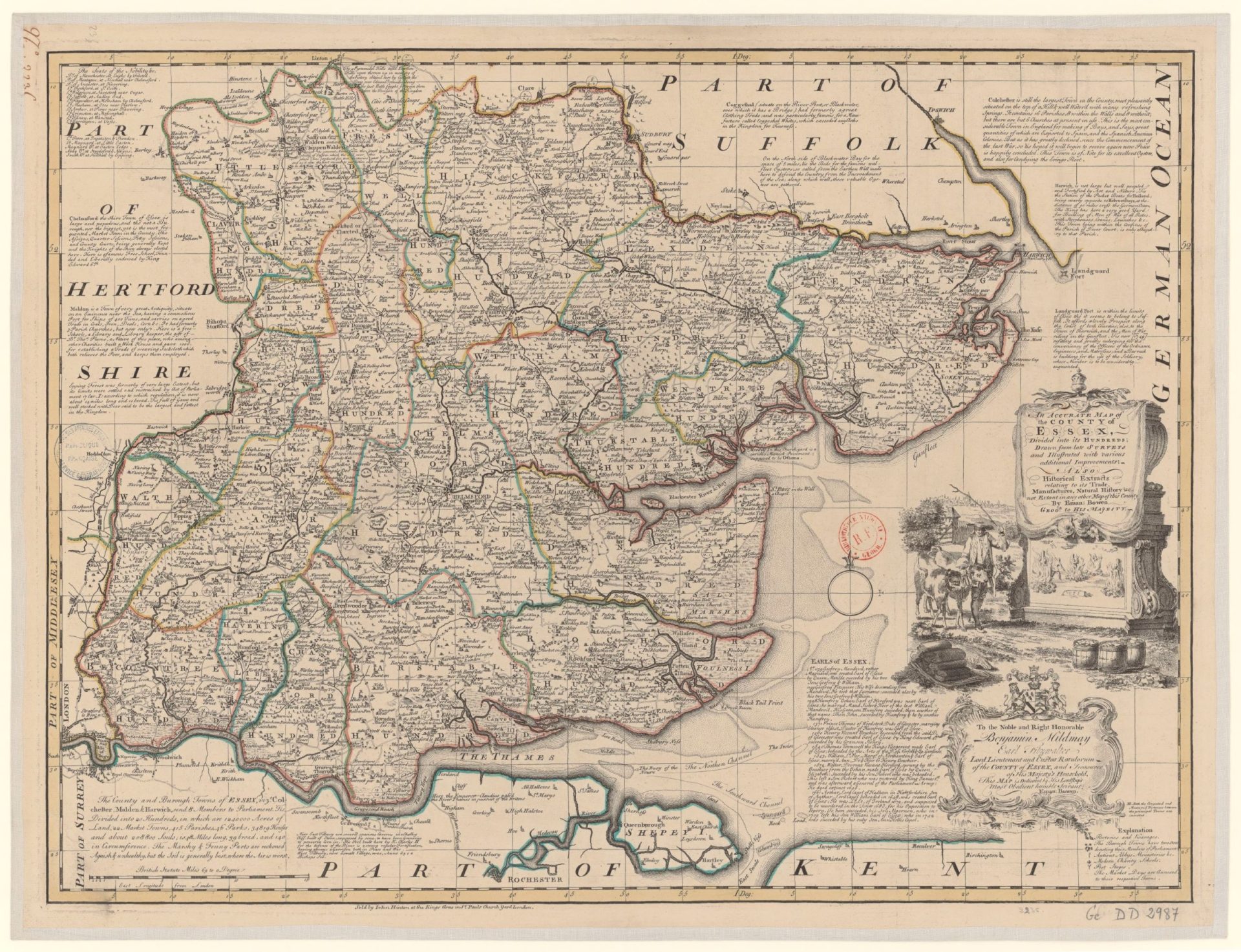 An Accurate Map of the County of Essex, Divided into its Hundreds : Drawn from late Surveys and Illustrated with various additional Improvements. Also Historical Extracts relating to its Trade, Manufactures, Natural History &c. not Extant in any other Map of this County / by Eman. Bowen Geog.r to His Majesty ; To the Noble and Right Honourable Benjamin Mildway Earl Fitzwalter... by Bowen, Emanuel (169.-1767). Cartographe. Dédicateur - 1750 - National Library of France, France - No Copyright - Other Known Legal Restrictions.