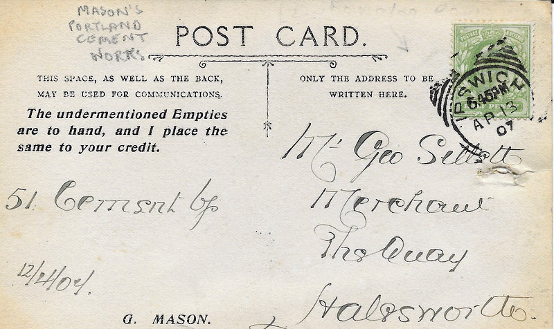 Reverse of Mason postcard as receipt Courtesy Ron Green