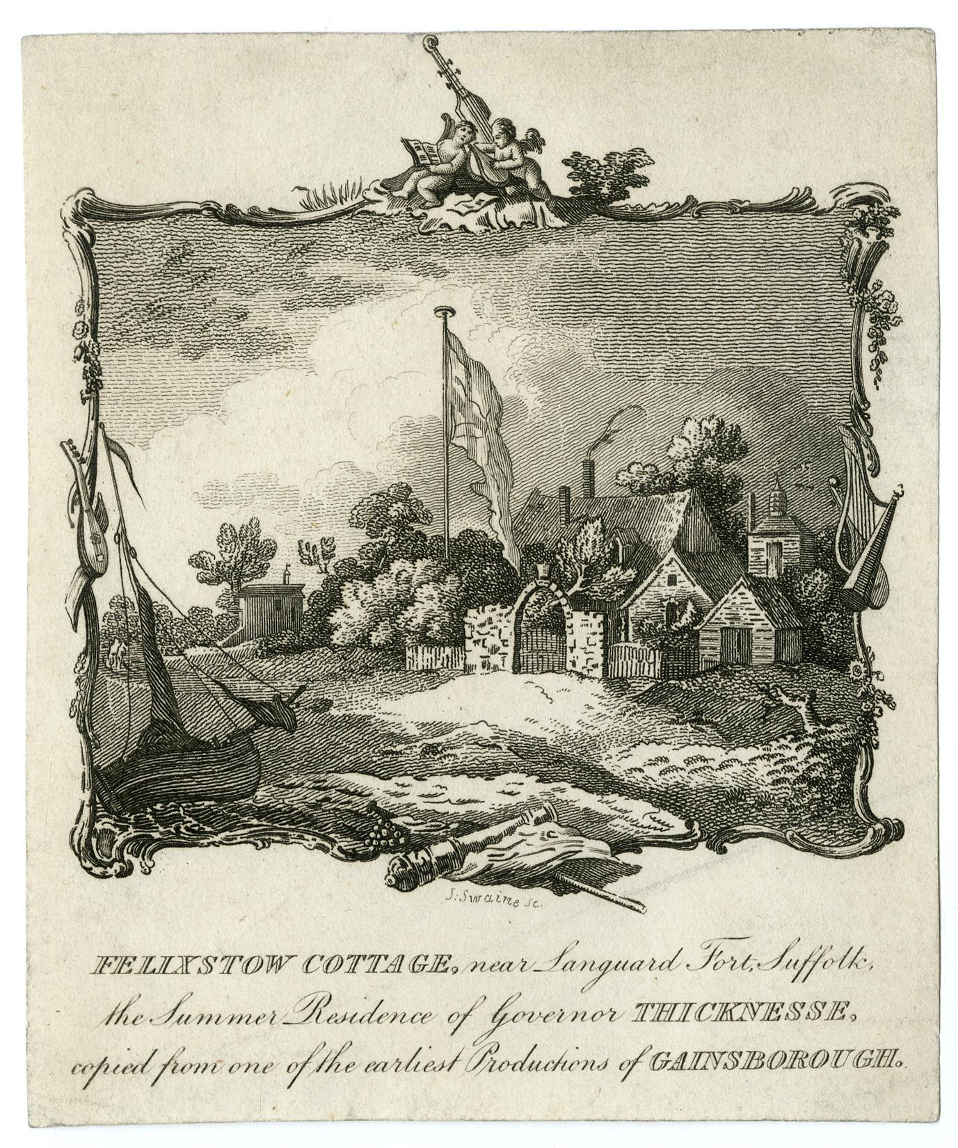 View of Felixstowe Cottage on the right, with a large British flag, a boat on the left foreground; within a decorative frame with two putti playing music above and cannon at the bottom.
Etching