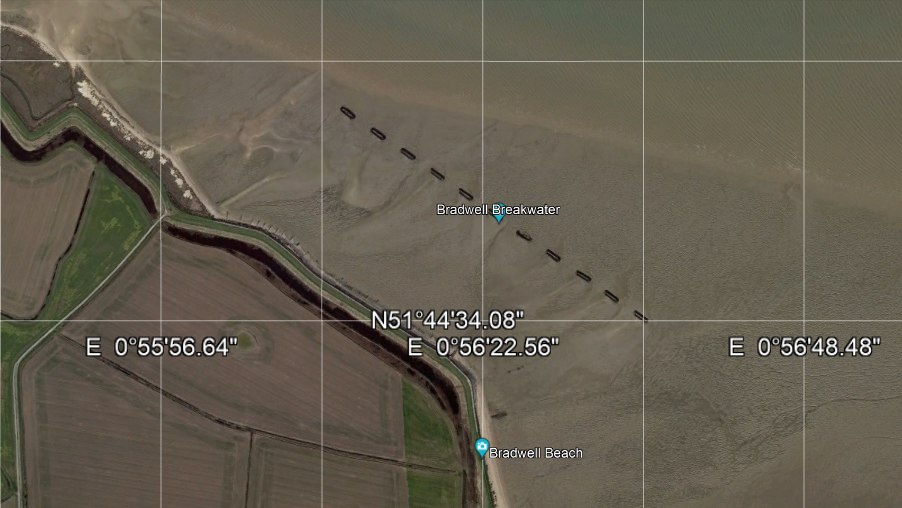 Breakwater at Bradwell, Sales Point from Google Earth